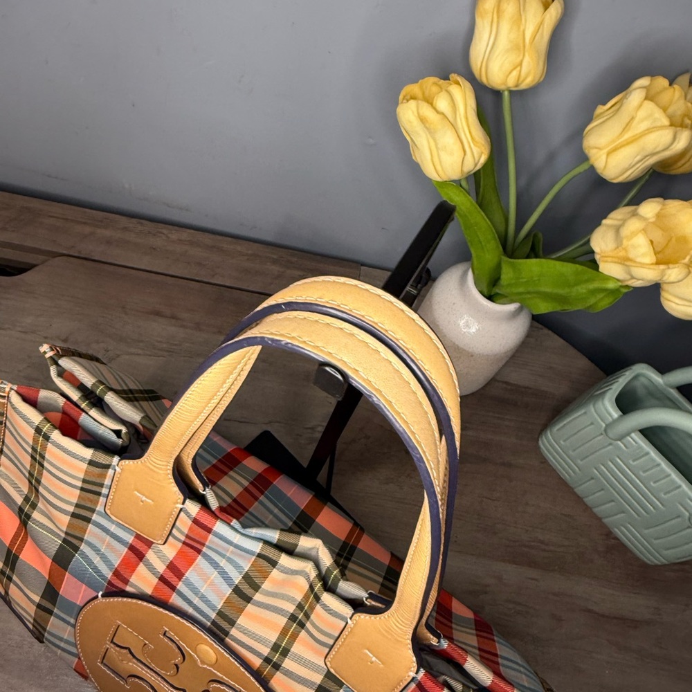 Tory Burch Plaid Tote Bag in Multicolor with Tan Leather Trim - Picture 13 of 16